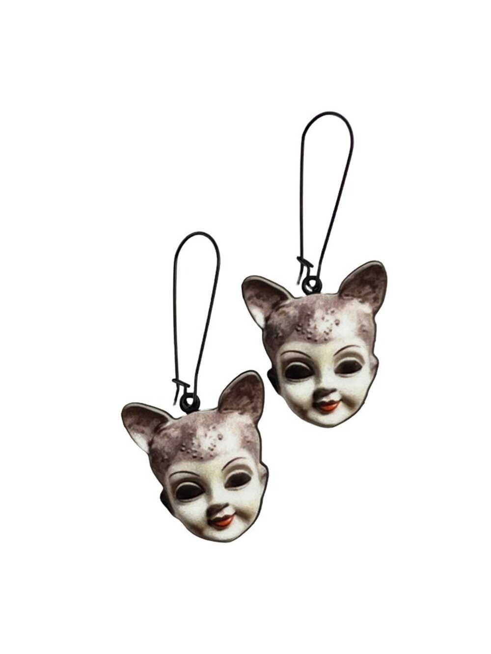 Creepy Cute Cat Doll Face Woodcut Dangle Earrings Weirdcore Spooky